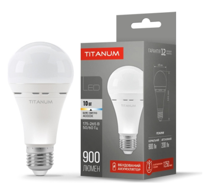 TITANUM Лампочка TITANUM LED акумуляторна A68 10W E27 4000K 220V (TL-EMA68-10274)