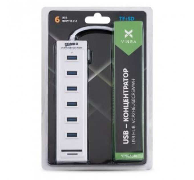 Концентратор Vinga 6xUSB2.0 + card-reader with switch (VCP2H6USBCRSWWH)