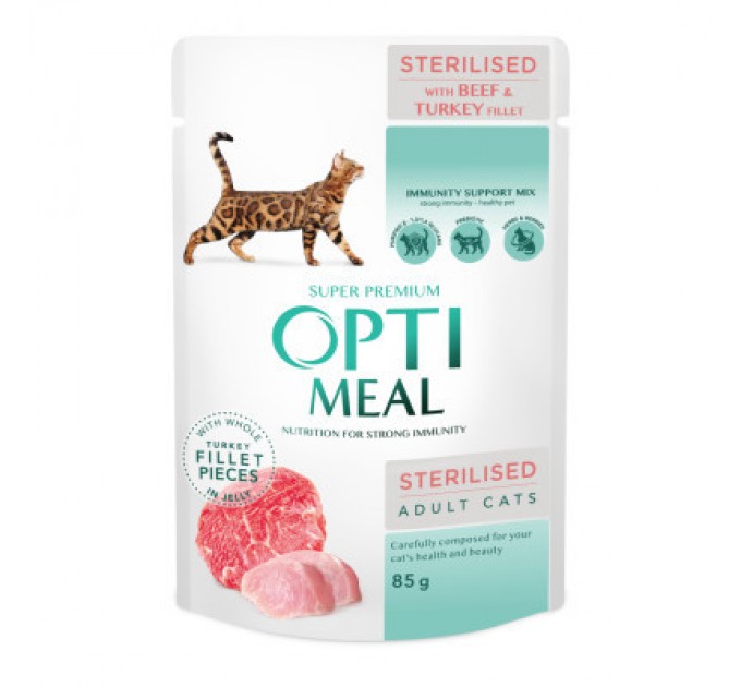 Optimeal Вологий корм для кішок Optimeal для стерилізованих/кастрованих з яловичиною та індичим філе в желе 85 г (4820215365901)