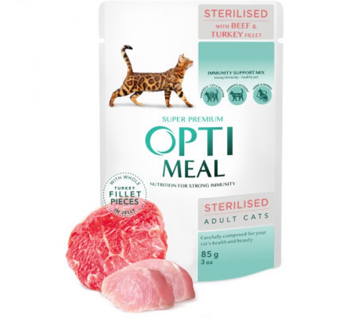 Optimeal Вологий корм для кішок Optimeal для стерилізованих/кастрованих з яловичиною та індичим філе в желе 85 г (4820215365901)