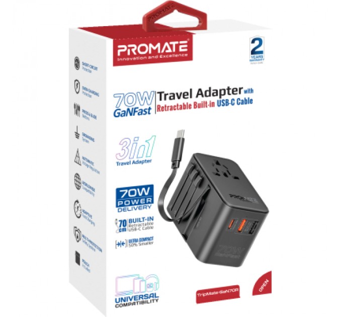 Promate Зарядний пристрій Promate tripmate-gan70r