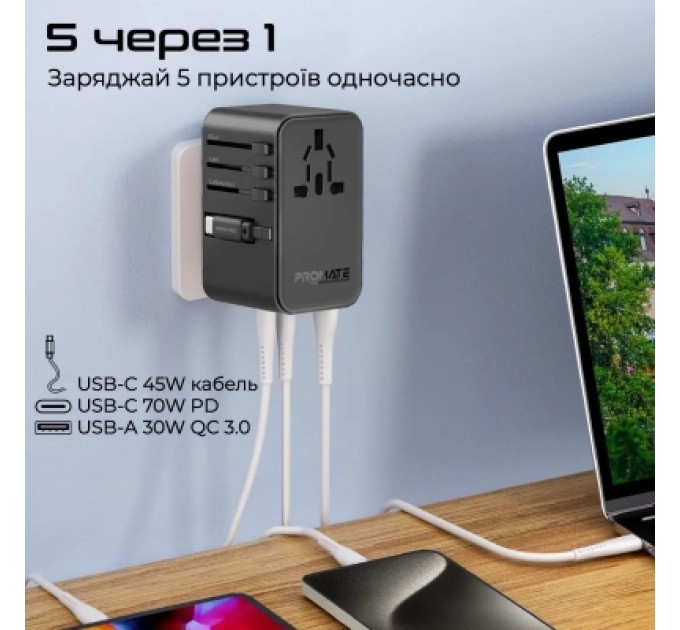 Promate Зарядний пристрій Promate tripmate-gan70r