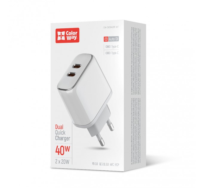 ColorWay Мережевий зарядний пристрій ColorWay Power Delivery Port PPS USB (Type-C PD + Type-C PD) (40W) White (CW-CHS048PD-WT)