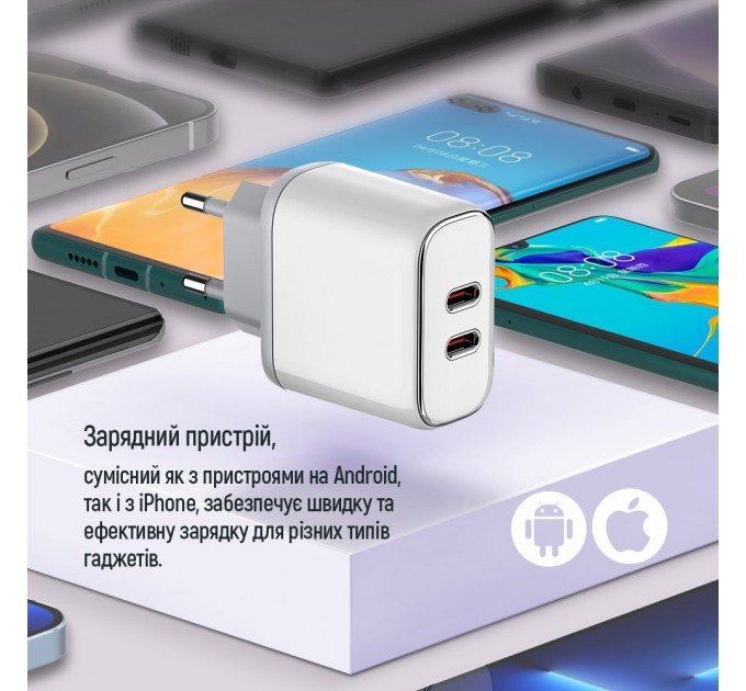 ColorWay Мережевий зарядний пристрій ColorWay Power Delivery Port PPS USB (Type-C PD + Type-C PD) (40W) White (CW-CHS048PD-WT)