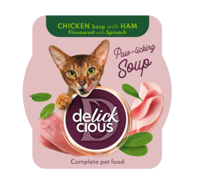 Delickcious Вологий корм для кішок Delickcious Суп з курки з шинкою та додаванням шпинату 80 г (4820269141599)