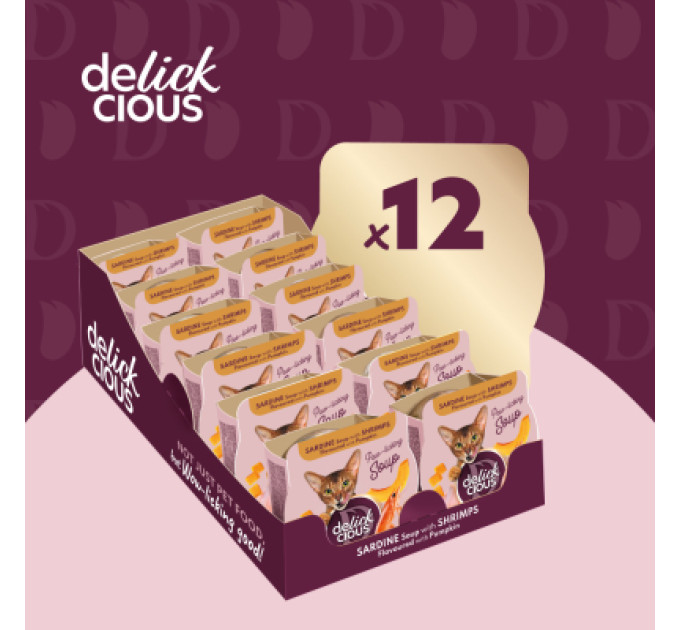 Delickcious Вологий корм для кішок Delickcious Суп з сардини з креветками та додаванням гарбуза 80 г (4820269141568)