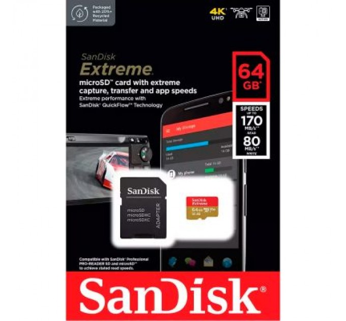 SanDisk Карта пам'яті SanDisk 64GB microSD class 10 UHS-I Extreme For Action Cams and Dro (SDSQXAH-064G-GN6AA)