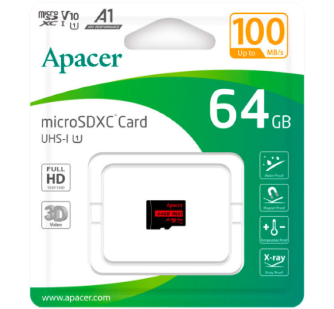 Apacer Карта пам'яті Apacer 64GB microSD class 10 UHS-I V10 A1 (AP64GMCSX10UB-RA)
