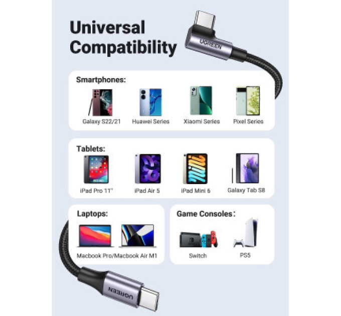 Ugreen Дата кабель USB-C to USB-C 3.0m 60W US255 90-degree Angle Black Ugreen (80714)