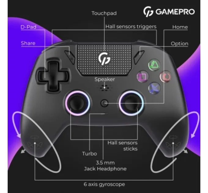 GamePro Геймпад GamePro GPS13B BT 5.3/USB/PC/iOS/Android/PS3/PS4 RGB Black (GPS13B)