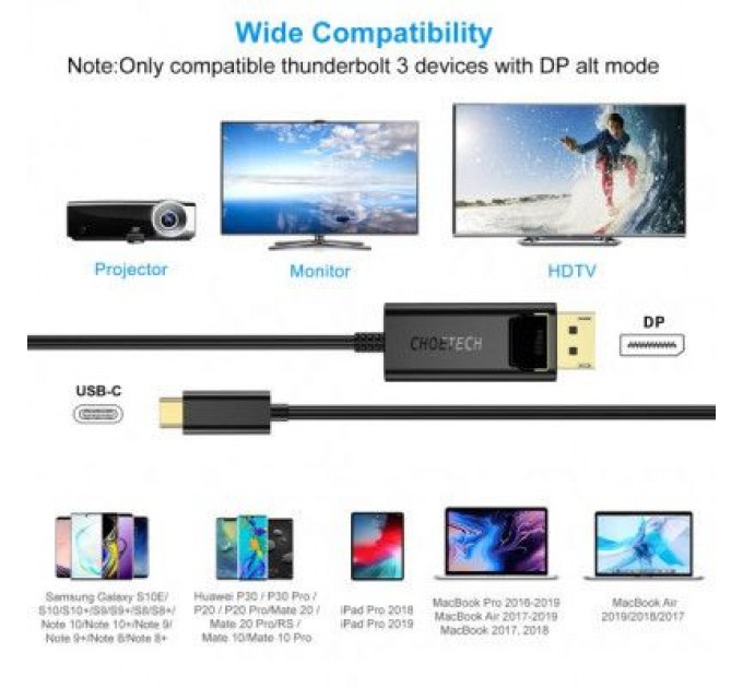 Кабель мультимедійний USB-C to DisplayPort 1.8m 4K 60Hz Choetech (XCP-1801BK)