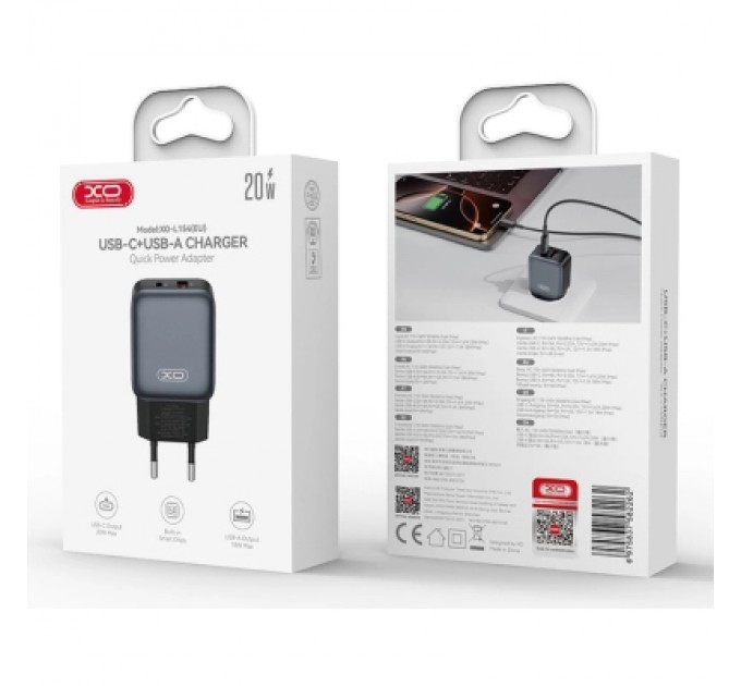 XO Зарядний пристрій XO L154 USB-C PD20W + USB-A QC3.0 Black (L154.black)