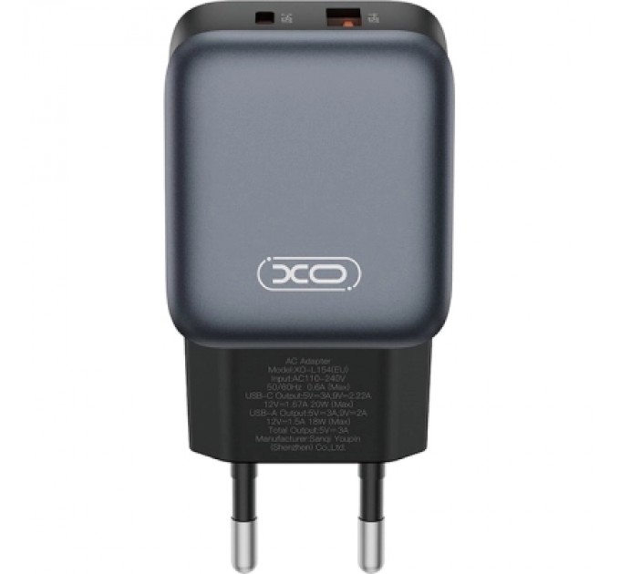 XO Зарядний пристрій XO L154 USB-C PD20W + USB-A QC3.0 Black (L154.black)