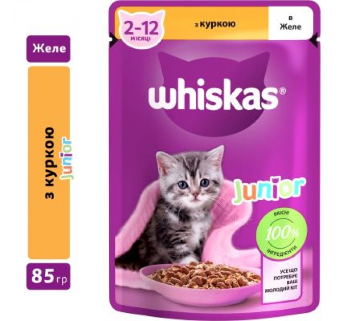 Whiskas Вологий корм для кішок Whiskas Kitten Курка в желе 85 г (5900951302152/5900951302138)