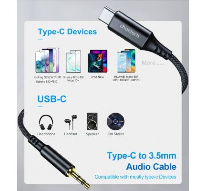 Кабель мультимедійний AUX USB-C to TRS Audio 3.5mm M/M DAC Chip 96kHz 1.0m black Choetech (AUX006)