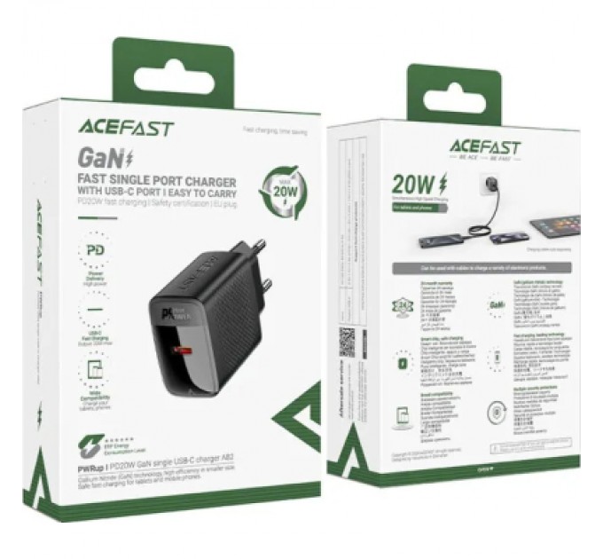 Acefast Зарядний пристрій Acefast USB-C 20W + Type-C cable A82 Fast Charger Black (6974316280057)