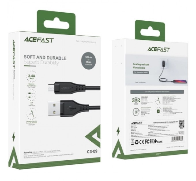 Acefast Дата кабель USB 2.0 AM to Micro 5P 1.2m 2.4A TPE C3-09 black Acefast (6974316280880)