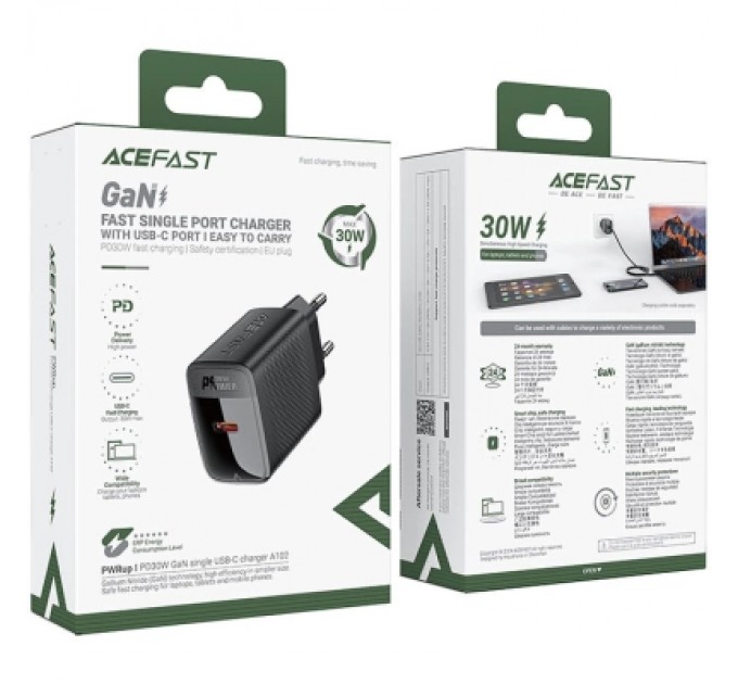 Acefast Зарядний пристрій Acefast A102 USB-C PD30W GaN Black (6974316283287)