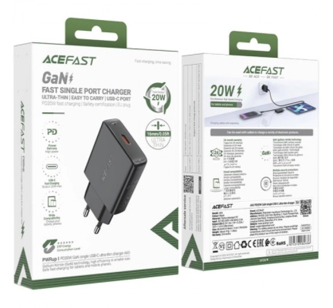 Acefast Зарядний пристрій Acefast A65 USB-C PD20W GaN ultra-thin Black (6974316282686)