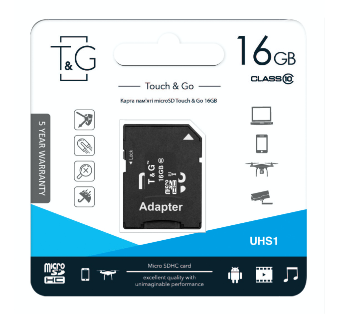 T&G Карта памяти MicroSDHC  16GB UHS-I Class 10 T&G + SD-adapter (TG-16GBSD10U1-01)