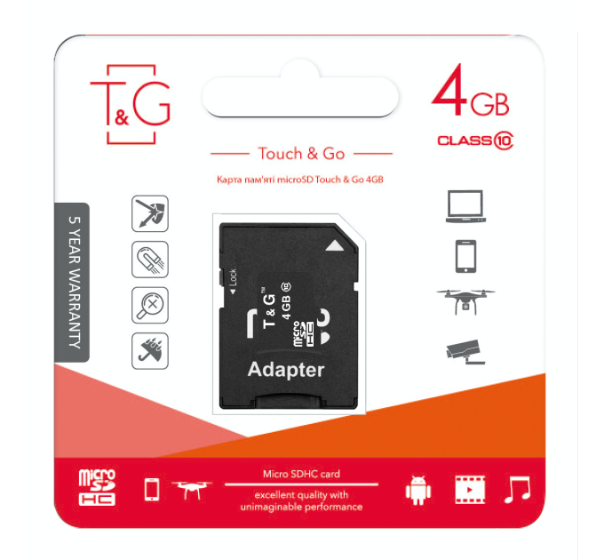 T&G Карта пам`яті MicroSDHC 4GB Class 10 T&G + SD-adapter (TG-4GBSDCL10-01)