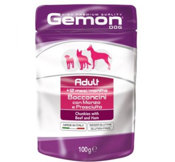 Gemon Вологий корм для собак Gemon Dog Wet Adult шматочки з яловичиною та шинкою 100 г (8009470300605)