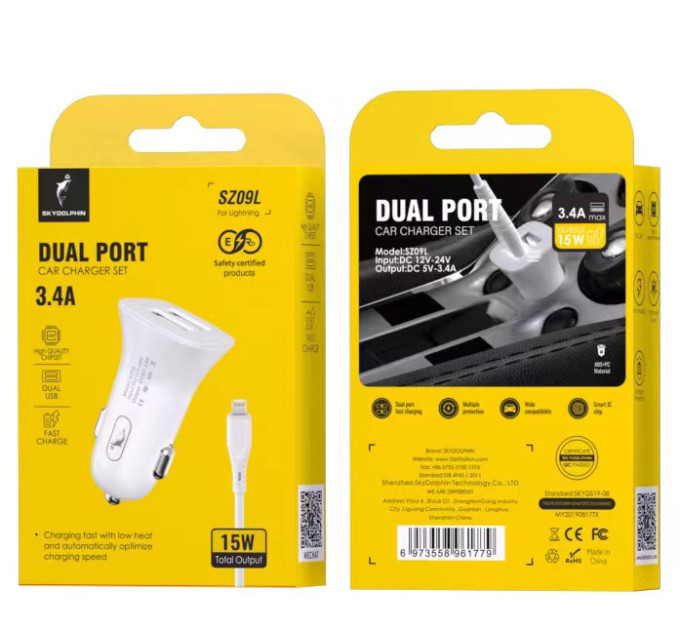 SkyDolphin Автомобильное зарядное устройство SkyDolphin SZ09L (2USB, 3.4A) White (AZP-000108) + кабель Lightning