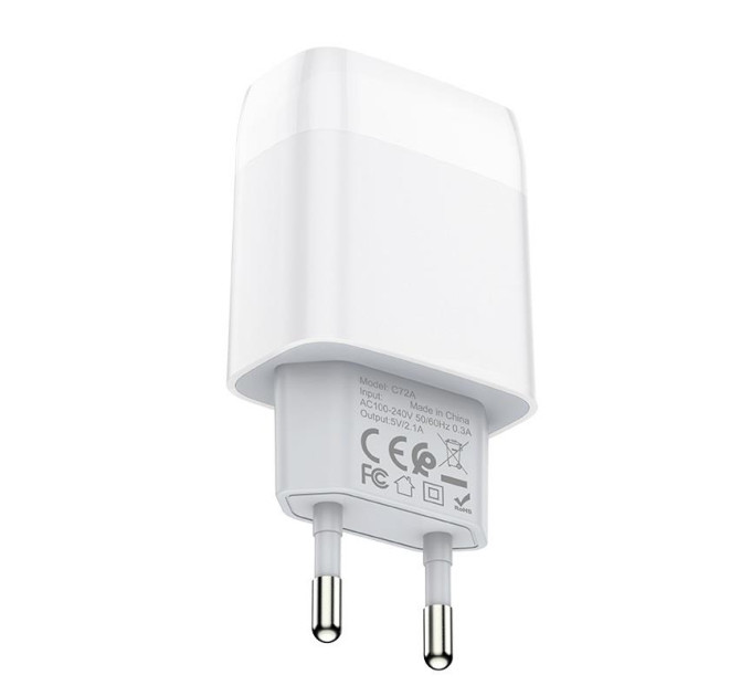 HOCO Зарядное устройство Hoco C72A Glorious (1USB, 2.1А) White (6931474713018) + кабель Type-C