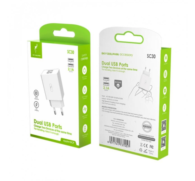 SkyDolphin Зарядное устройство SkyDolphin SC30 (2USB, 2.1A) White (SDMZP-000111)
