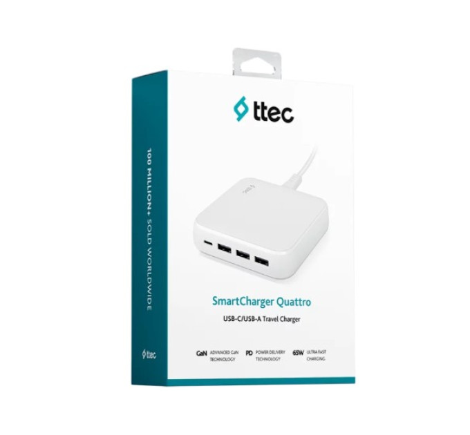 Ttec Сетевое зарядное устройство Ttec SmartCharger Quattro GaN USB-C/USB-A 65W White (2SCG02B)
