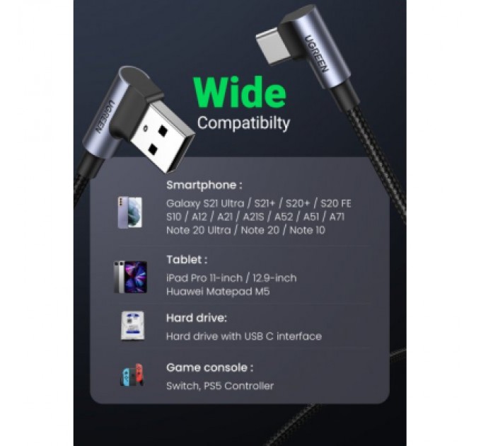 Ugreen Дата кабель USB 2.0 AM to Type-C 1.0m US176 Both Angled 3A (Black) Ugreen (20856)