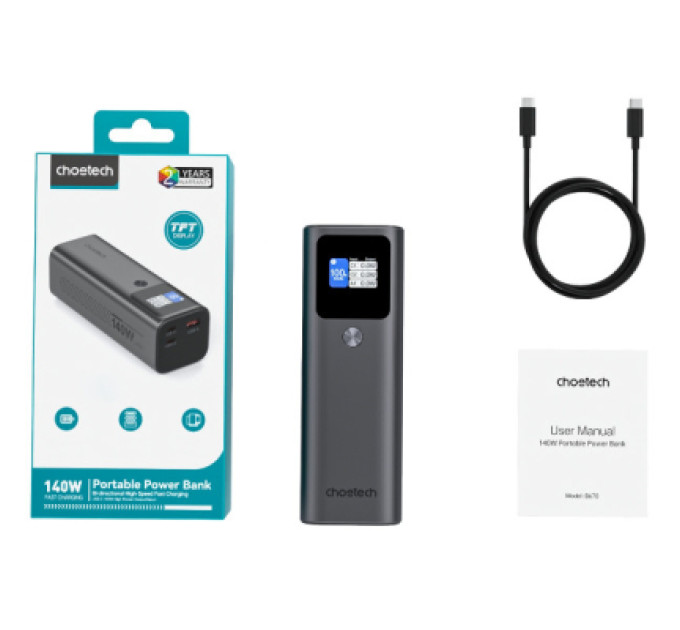 Choetech Батарея універсальна Choetech 27000mAh, PD/140W in/out, 2*USB-C/PD5.0, QC3.0/22W, TFT Display (B670-CCGY)