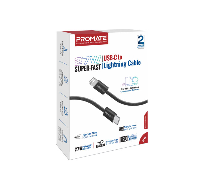 Promate Кабель Promate USB Type-C - Lightning (M/M), 3 A, 27 W, 1.2 м, EcoLine-Ci120 Black (ecoline-ci120.black)