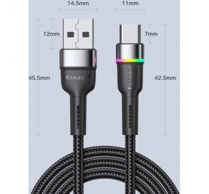 Essager Дата кабель USB 2.0 AM to USB-C 0.5m 3A LED black Essager (EXCT-XCDB01)