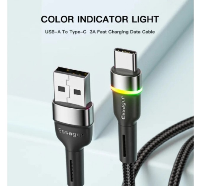 Essager Дата кабель USB 2.0 AM to USB-C 1.0m 3A LED black Essager (EXCT-XCD01)