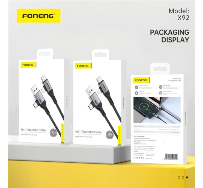 Foneng Кабель Foneng X92 4-in-1 (60W) USB/USB-C - USB-C/Lightning, 1 м, Black (X92-CA-FIO)