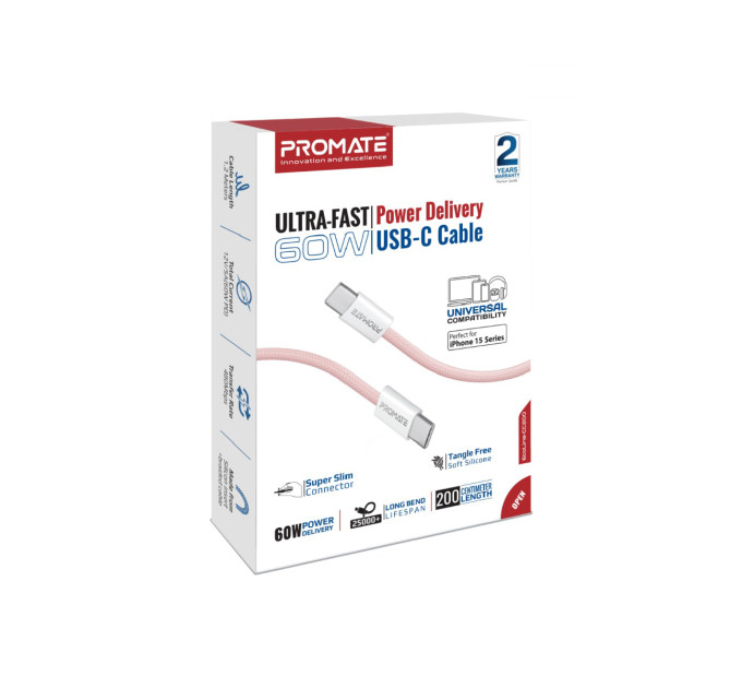 Promate Кабель Promate USB Type-C - USB Type-C (M/M), 3 A, 60 W, 2 м, EcoLine-CC200 Pink (ecoline-cc200.pink)