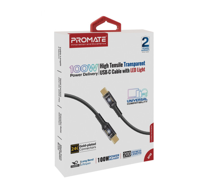 Promate Кабель Promate USB Type-C - USB Type-C (M/M), 5 A, 100 W, 2 м, Lucidline-CC200 Black (lucidline-cc200.black)