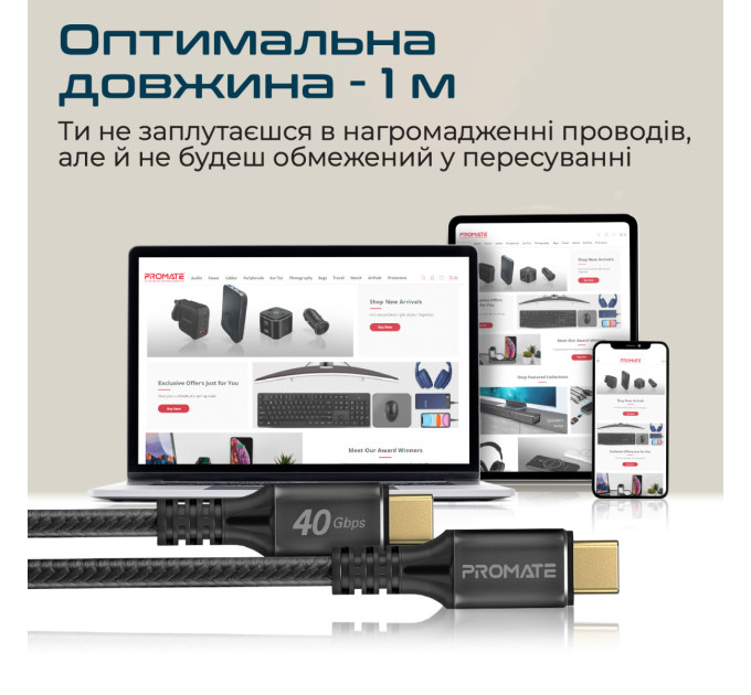 Promate Кабель Promate USB Type-C - USB Type-C (M/M), 5 A, 240 W, 1 м, PowerBolt240 Black (powerbolt240-1m.black)