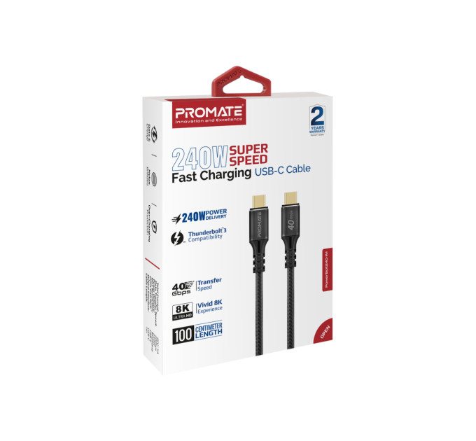 Promate Кабель Promate USB Type-C - USB Type-C (M/M), 5 A, 240 W, 1 м, PowerBolt240 Black (powerbolt240-1m.black)