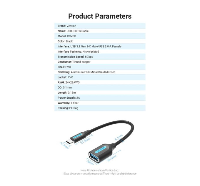 Vention Кабель Vention USB 3.1 Type-C - OTG USB3.0 AF, 0.15 m, Black (CCVBB)