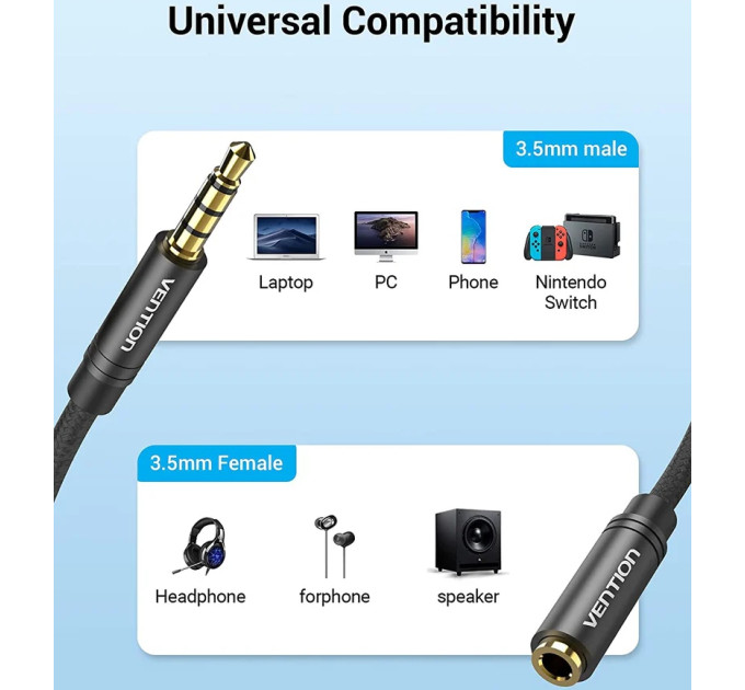 Vention Кабель Vention 3.5 мм - 3.5 мм (M/F), 2 м, Black (BHBBH)