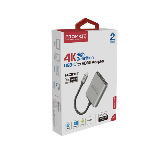 Promate Адаптер Promate USB Type-C - 2xHDMI (M/F) MediaLink-H2 Grey (medialink-h2.grey)
