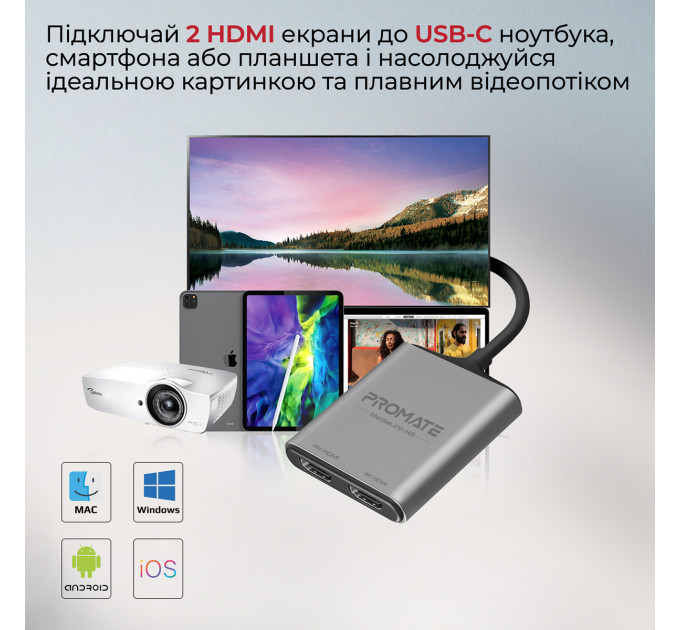Promate Адаптер Promate USB Type-C - 2xHDMI (M/F) MediaLink-H2 Grey (medialink-h2.grey)