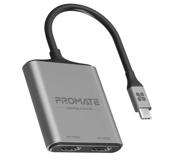 Promate Адаптер Promate USB Type-C - 2xHDMI (M/F) MediaLink-H2 Grey (medialink-h2.grey)