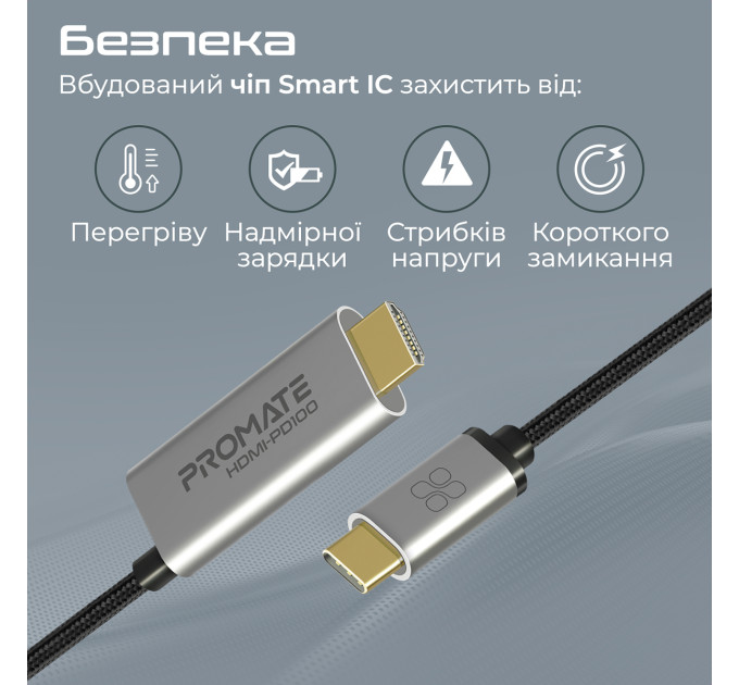 Promate Кабель Promate USB Type-C - HDMI V 2.0 (M/M), 1.8 м, HDMI-PD100 Grey (hdmi-pd100.grey)