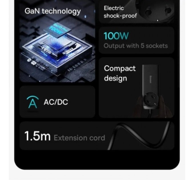 Baseus Зарядний пристрій Baseus AC + 2xUSB-C 100W + 2xUSB + cable USB-C to USB-C 100W 1.0m black (PSZM000401)