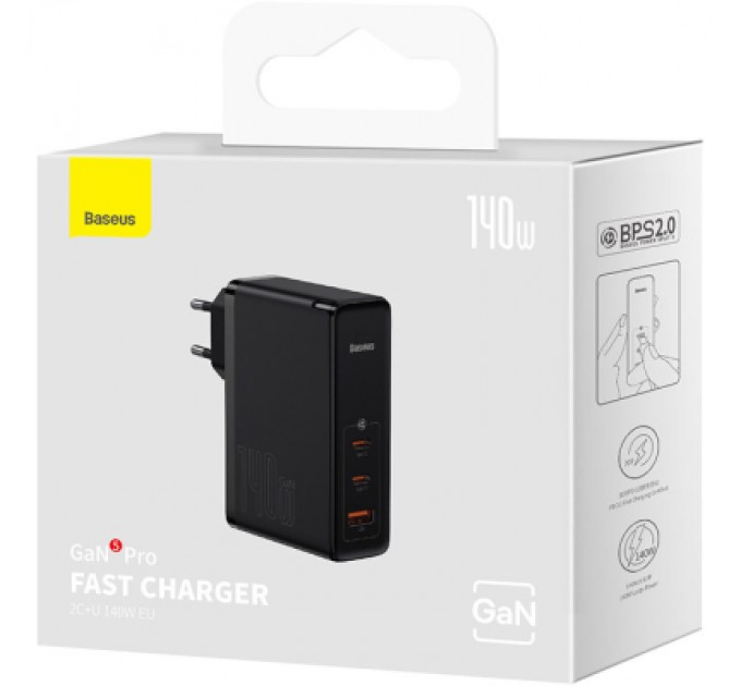 Baseus Зарядний пристрій Baseus 2xUSB-C 140W + 1xUSB GaN + cable USB-C to USB-C black (CCGP100201)