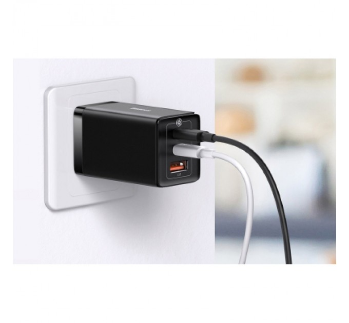 Baseus Зарядний пристрій Baseus 2xUSB-C 65W + 1xUSB GaN + cable USB-C to USB-C 100W 1.0m black (CCGP120201)