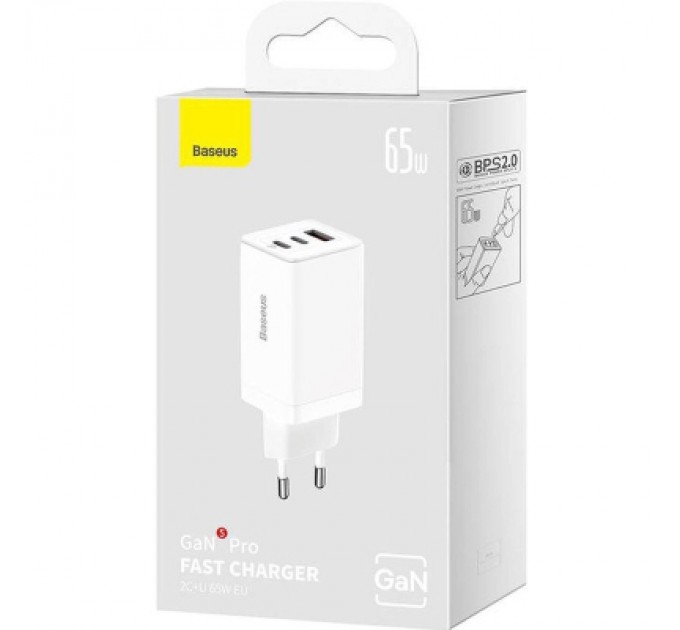 Baseus Зарядний пристрій Baseus 2xUSB-C 65W + 1xUSB GaN + cable USB-C to USB-C 100W 1.0m white (CCGP120202)
